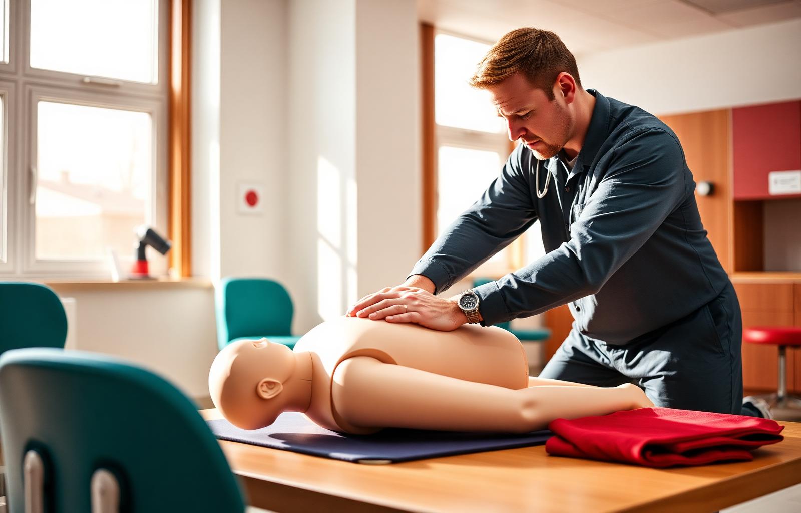 CPR instructor demonstrating chest compressions on a training manikin